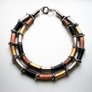 DANNAH GRIPOIX Gold Silver Black Tone Brass Necklace Collar Runway Style Couture